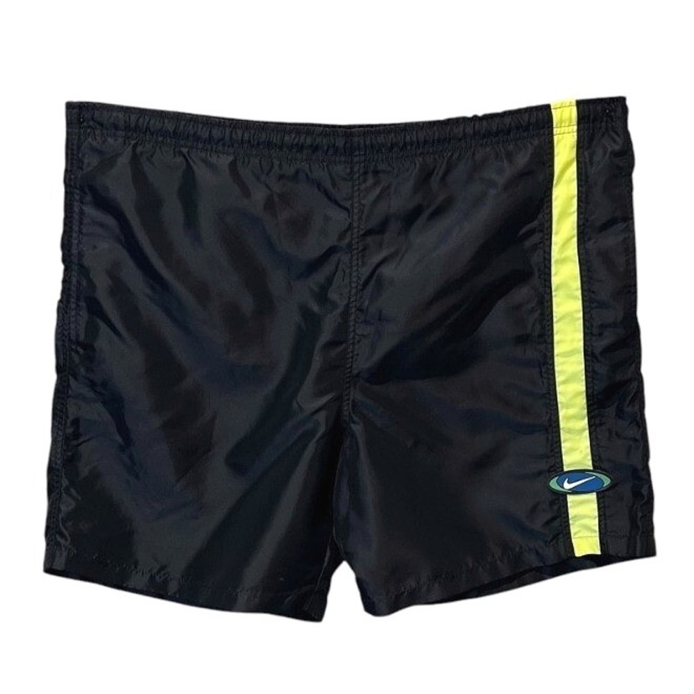 Vintage Nike Swim Trunks L Black Neon Stripe Swoosh Lined 90s Y2K Streetwear